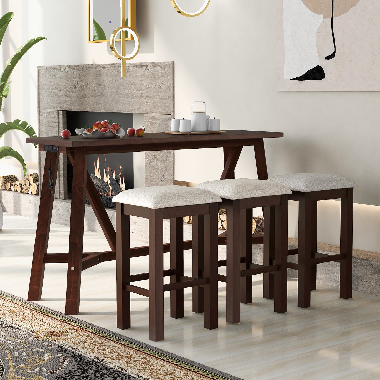 TREXM Multipurpose Home Kitchen Dining Bar Table Set with 3 Upholstered Stools(Dark Walnut)