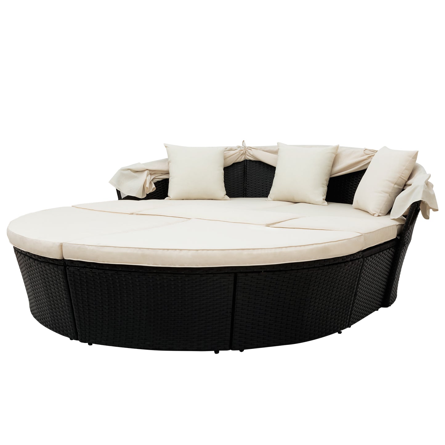 Outdoor rattan daybed sunbed with Retractable Canopy Wicker Furniture, Round Outdoor Sectional Sofa Set, black Wicker Furniture Clamshell  Seating with Washable Cushions, Backyard, Porch, Beige.