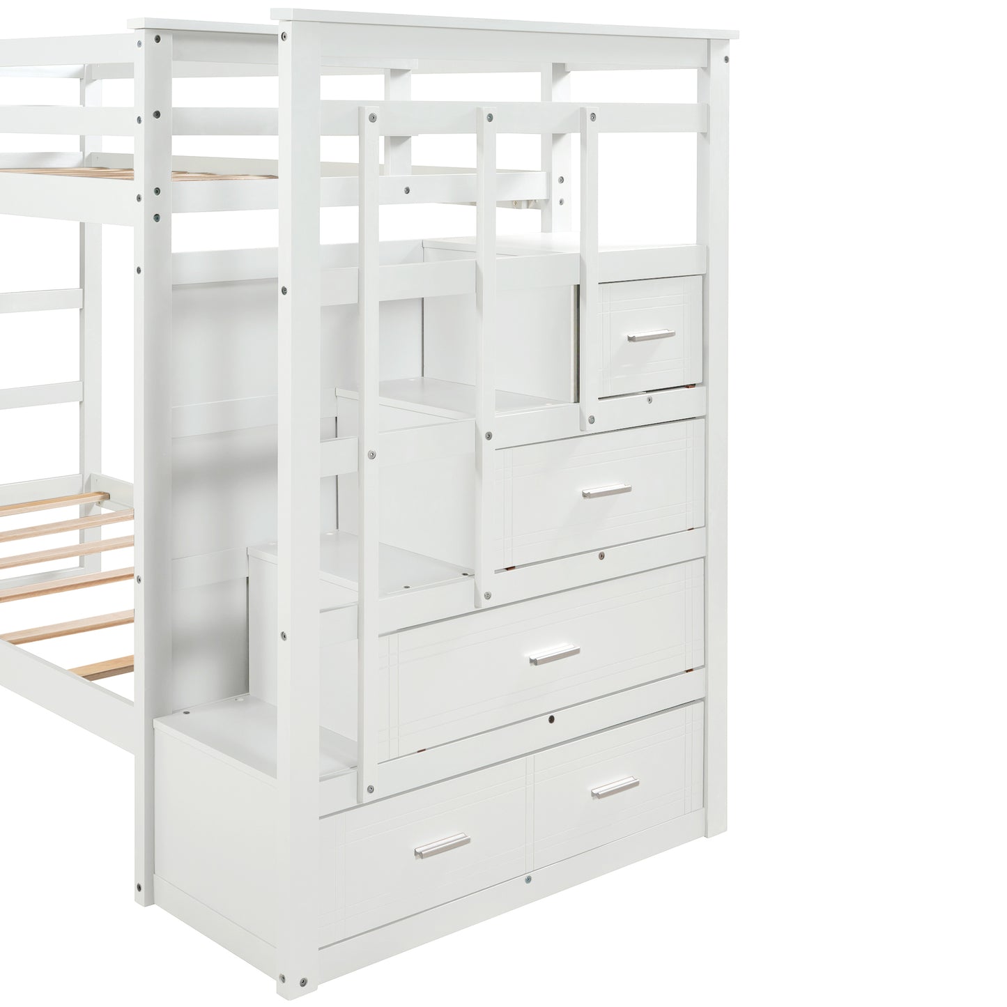 Solid Wood Bunk Bed, Hardwood Twin Over Twin Bunk Bed with Trundle and Staircase, Natural White Finish(OLD SKU :LP000068AAP)