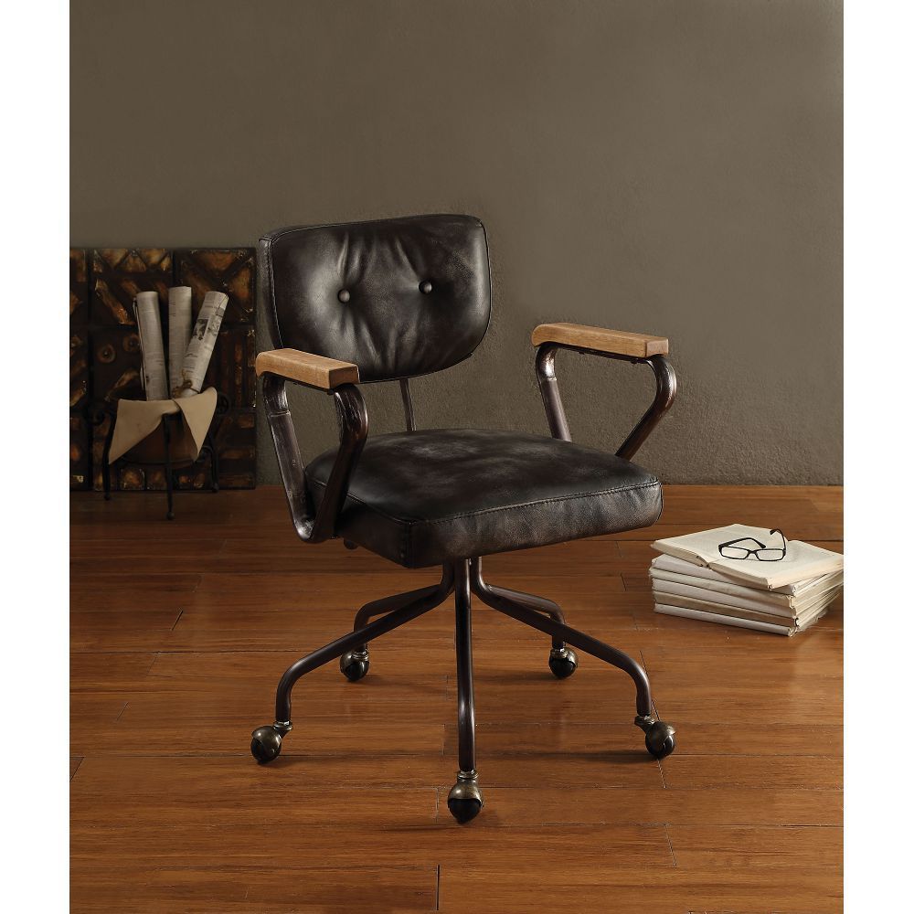 ACME Hallie Office Chair in Vintage Black Top Grain Leather 92411