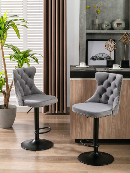 A&A Furniture,Swivel Velvet Barstools Adjusatble Seat Height from 25-33 Inch, Modern Upholstered Bar Stools with Backs Comfortable Tufted for Home Pub and Kitchen Island（Gray,Set of 2）