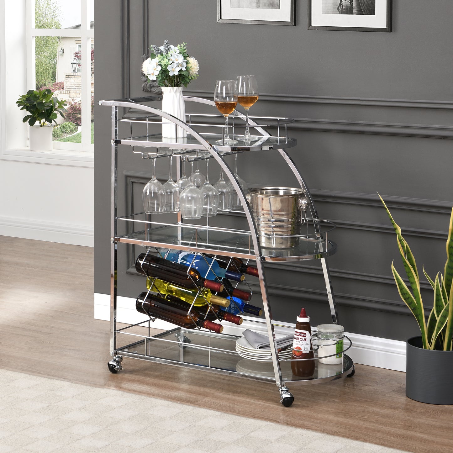 Chrome Mobile Bar Cart Serving Wine Cart with Wheels, 3-tier Metal Frame Elegant Wine Storage for Kitchen, Party, Dining Room and Living Room, Silver