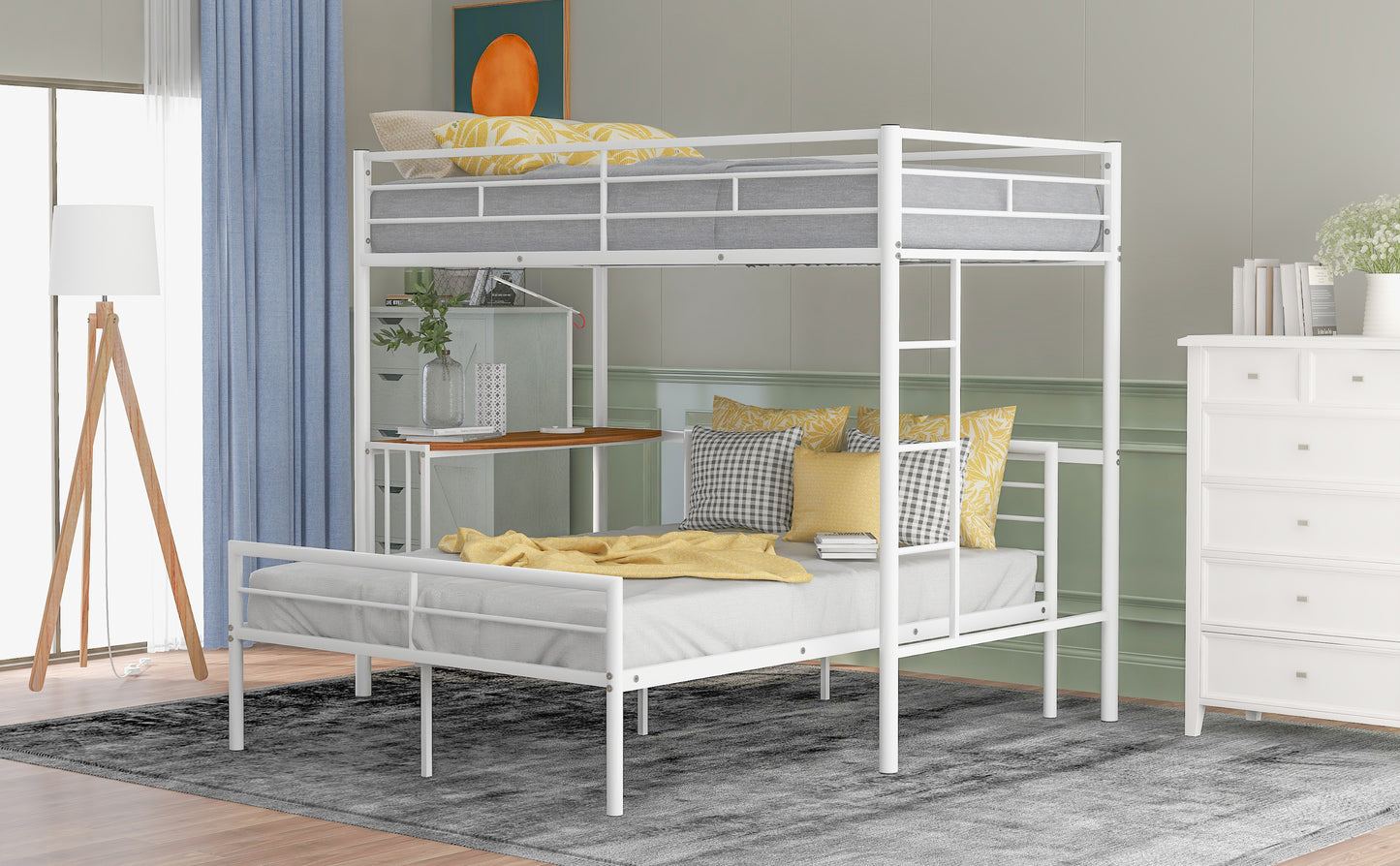 Twin Over Full Metal Bunk Bed with Desk, Ladder and Quality Slats for Bedroom, Metallic  White（OLD SKU :LP000092AAK）