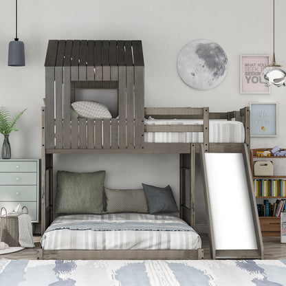 Wooden Twin Over Full Bunk Bed, Loft Bed with Playhouse, Farmhouse, Ladder, Slide and Guardrails, White(OLD SKU :LT000028AAE)