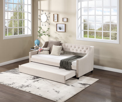 Daybed with Trundle Upholstered Tufted Sofa Bed, with Button and Copper Nail on Arms，both full Size Beige