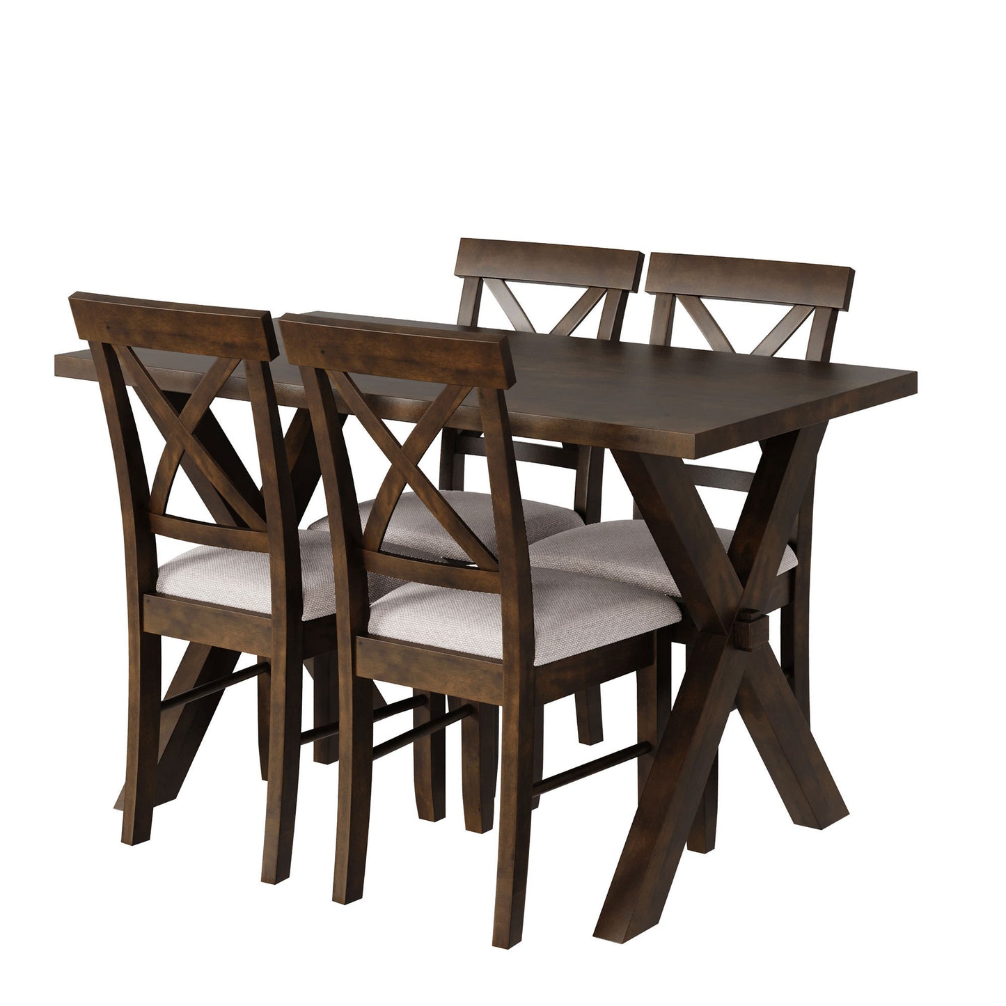 TOPMAX 5 Pieces Farmhouse Rustic Wood Kitchen Dining Table Set with Upholstered 4 X-back Chairs, Brown+Beige