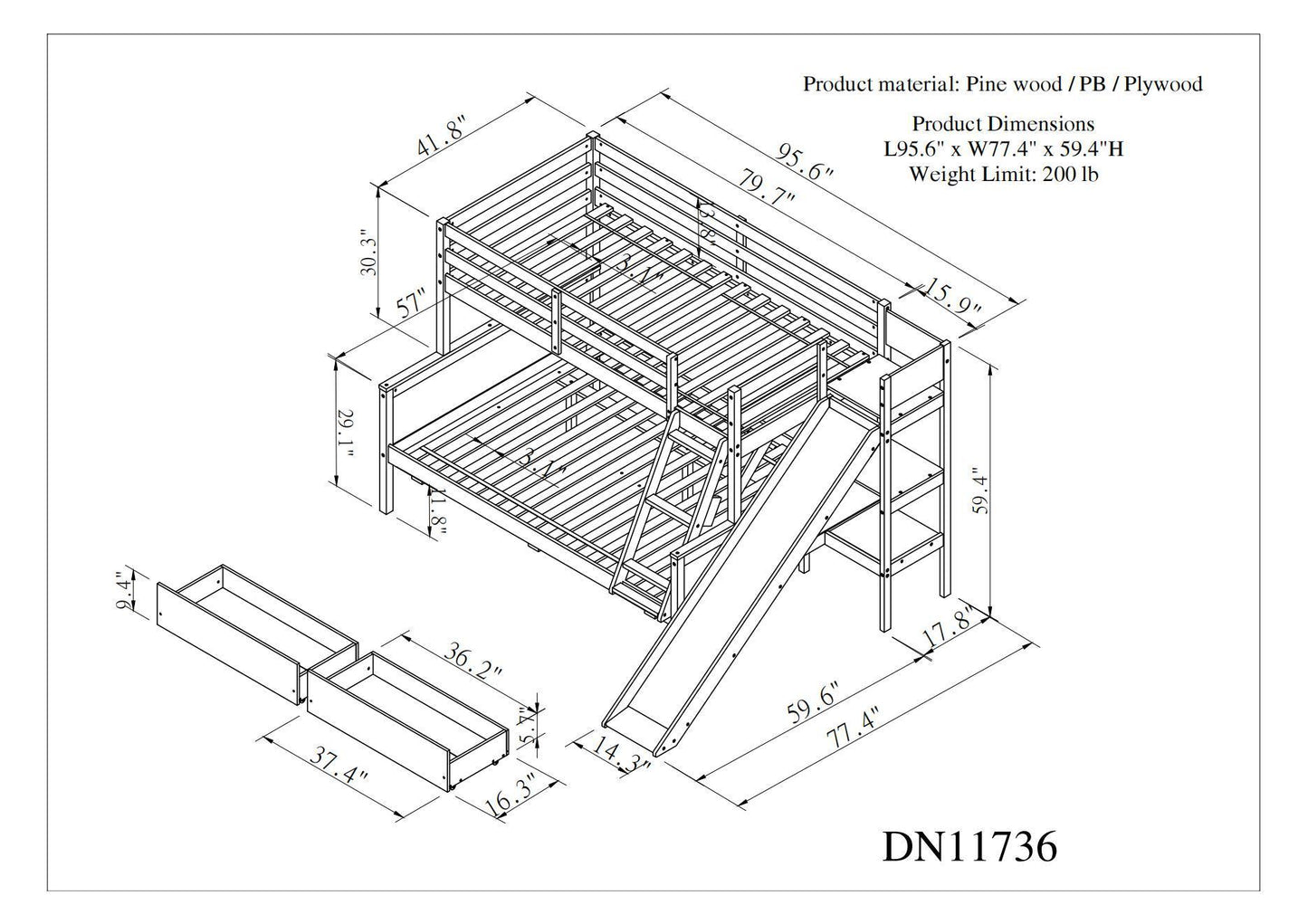 Twin over Full Bunk Bed with 2 Drawers,Slide,Shelves Gray