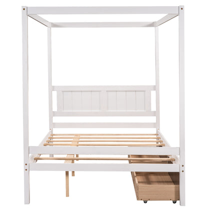 Full Size Canopy Platform Bed with Two Drawers,With Slat Support Leg,White