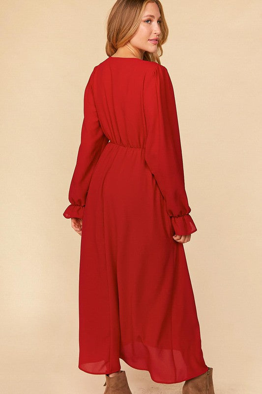 PUFF RUFFLE HEM SLEEVE WOVEN MAXI LINED DRESS