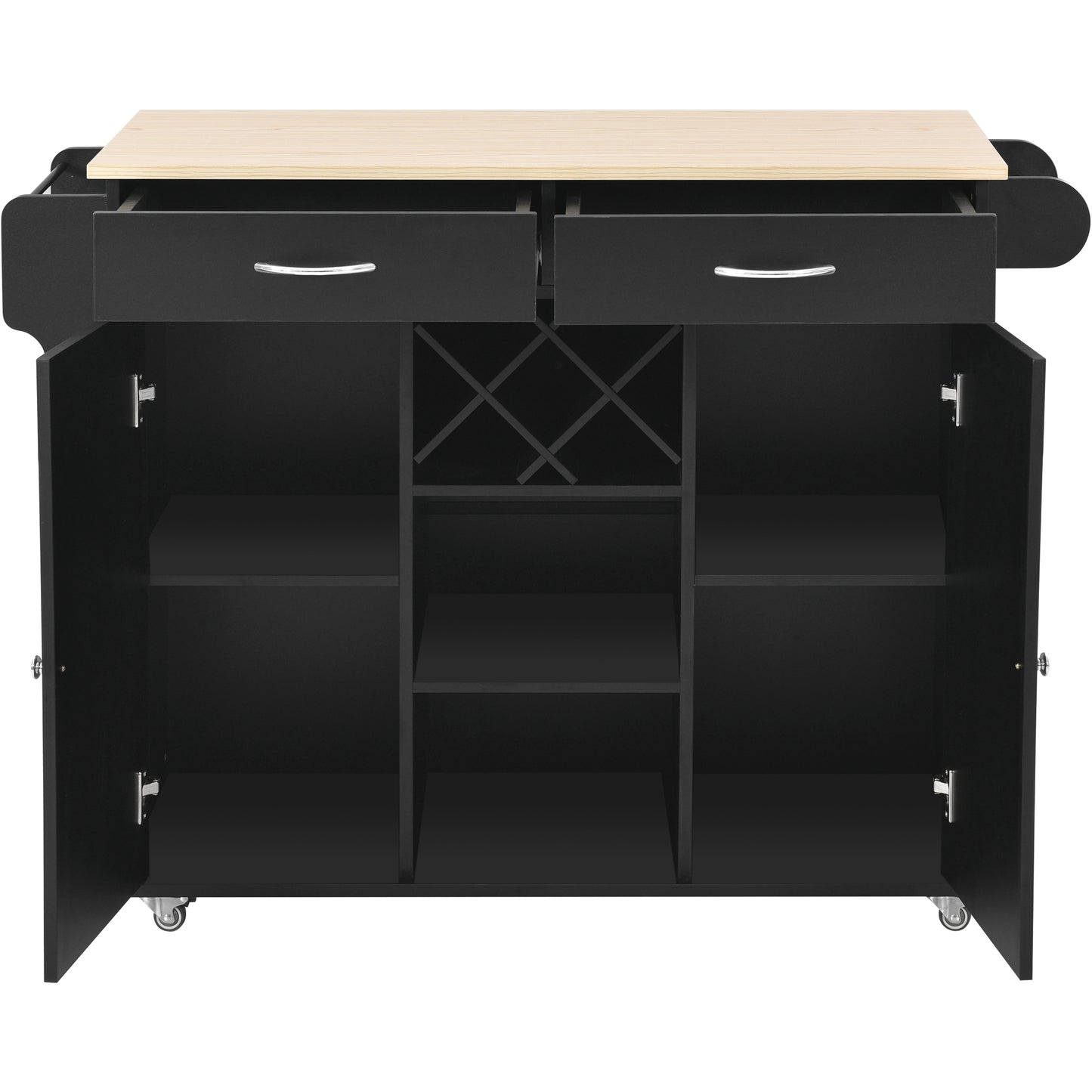 K&K Store Kitchen Island Cart with Two Storage Cabinets and Four Locking Wheels，Wine Rack, Two Drawers,Spice Rack, Towel Rack （Black）