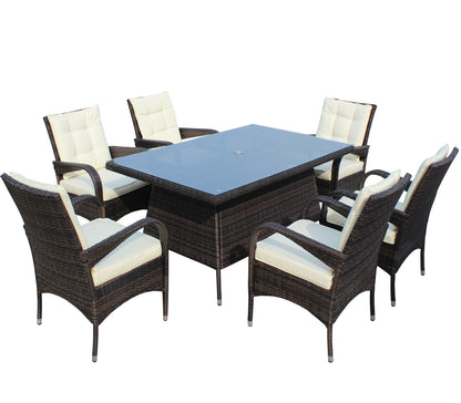 Patio 7-Piece Rectangular Dining Set with 6 Dining Chairs (Brown &Beige Cushion )