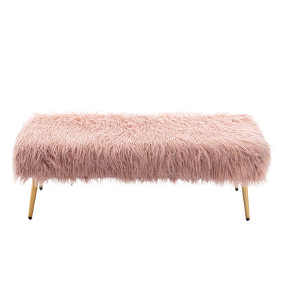 HengMing Faux Fur Plush Ottoman Bench, Modern Fluffy Upholstered Bench for Entryway Dining Room Living Room Bedroom, Pink