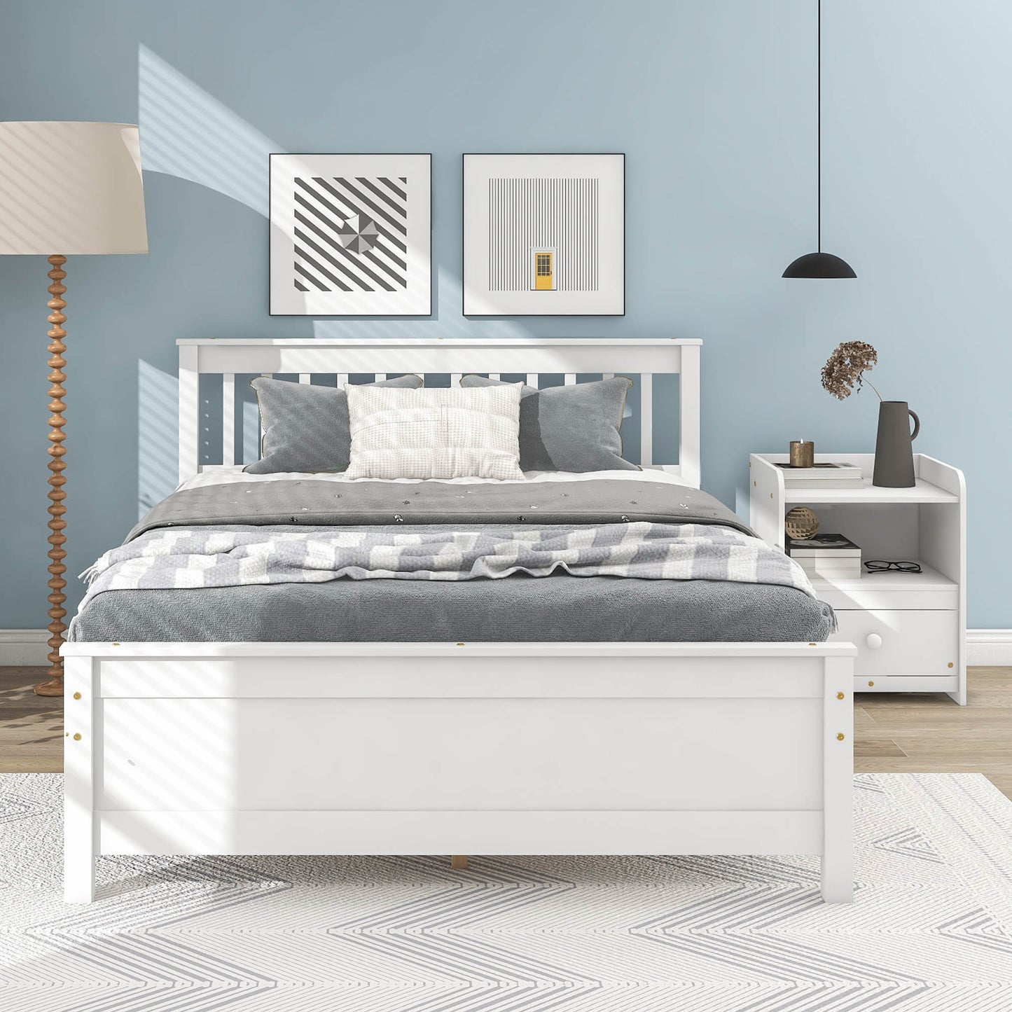 Full Bed with Headboard and Footboard for Kids, Teens, Adults,with a Nightstand ,White