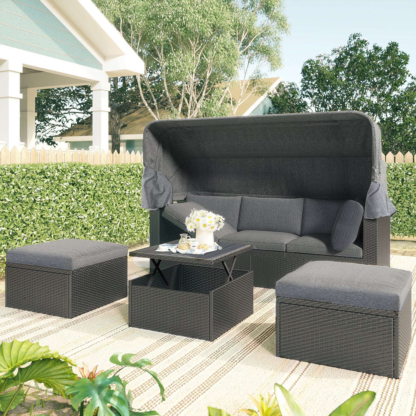 U_Style Outdoor Patio Rectangle Daybed with Retractable Canopy,  Wicker Furniture Sectional Seating with Washable Cushions, Backyard, Porch
