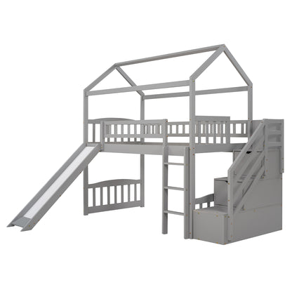 Twin Loft Bed with Two Drawers and Slide, House Bed with Slide,Gray (OLD SKU:LP000030AAE)