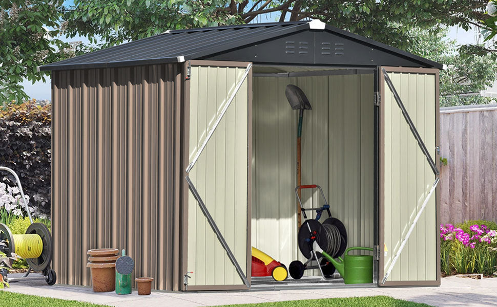 TOPMAX Patio 8ft x6ft Bike Shed Garden Shed, Metal Storage Shed with Lockable Doors, Tool Cabinet with Vents and Foundation Frame for Backyard, Lawn, Garden, Brown