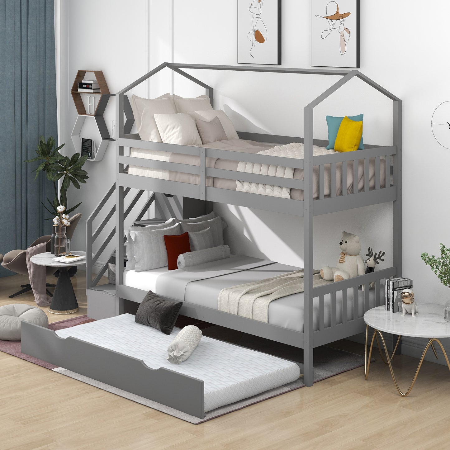 Multifunctional Twin over Twin House Bunk Bed with Staircase and Storage Space,Gray