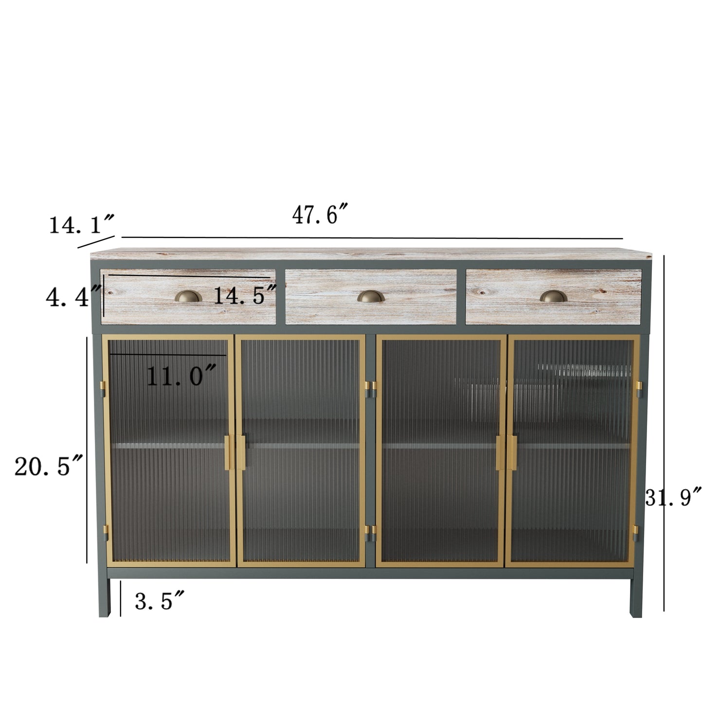 48"  Wide 4 Glass Doors Modern Sideboard with 3 Top Drawers, Freestanding Sideboard Storage Cabinet Entryway Floor Cabinet for Living Room Office Bedroom