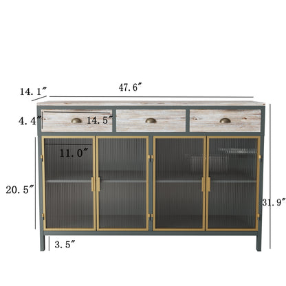 48"  Wide 4 Glass Doors Modern Sideboard with 3 Top Drawers, Freestanding Sideboard Storage Cabinet Entryway Floor Cabinet for Living Room Office Bedroom