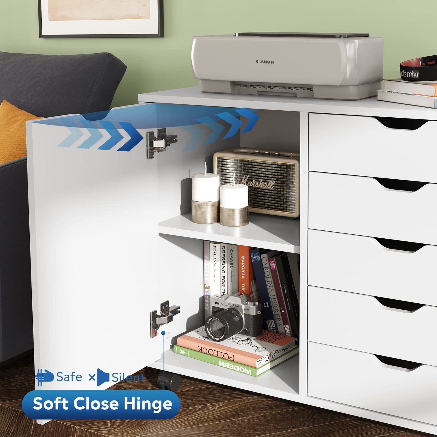 5-Drawer Wood Dresser Chest with Door, Mobile Storage Cabinet, Printer Stand for Home Office
