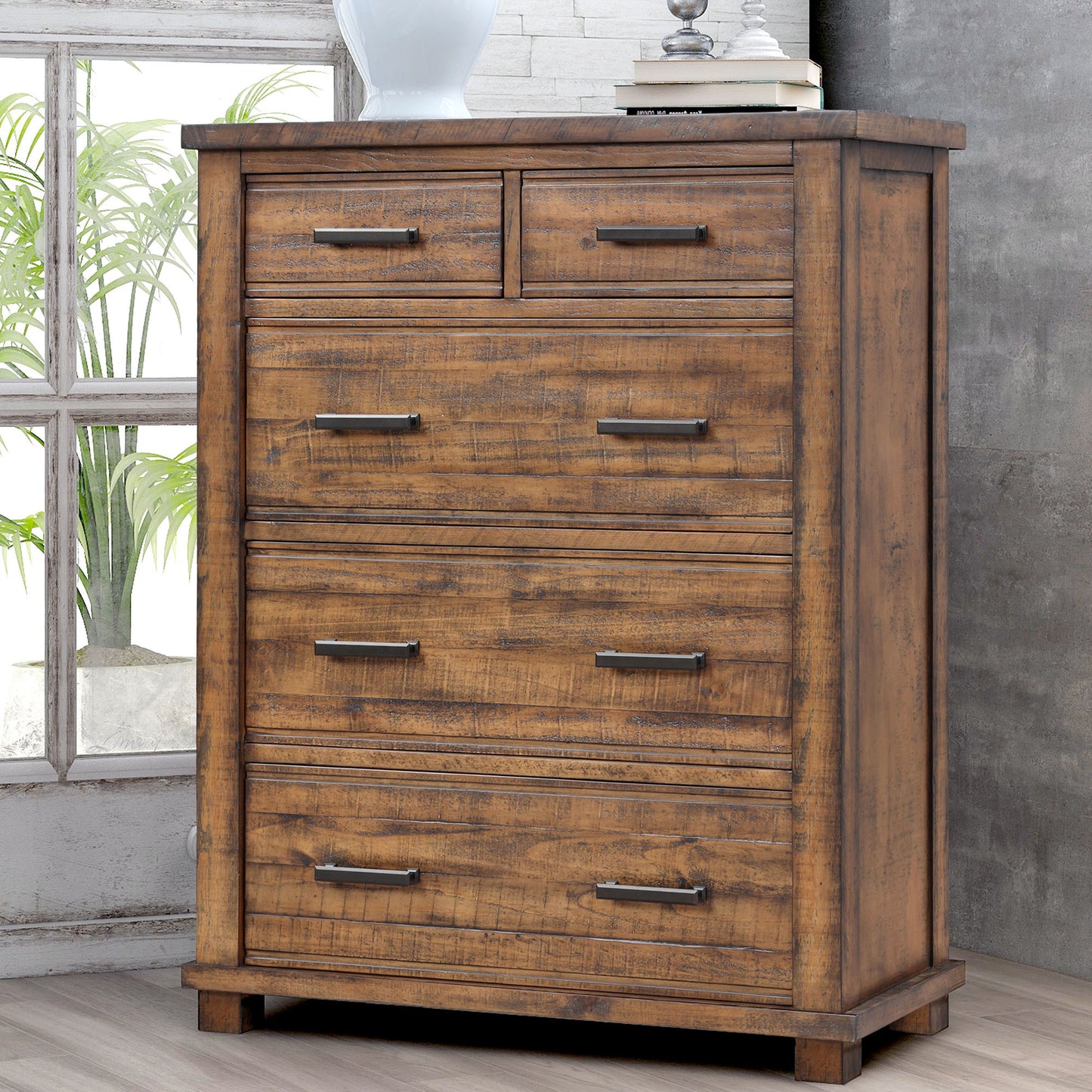 Rustic 5 Drawer Reclaimed Solid Wood Framhouse Chest Tallboy