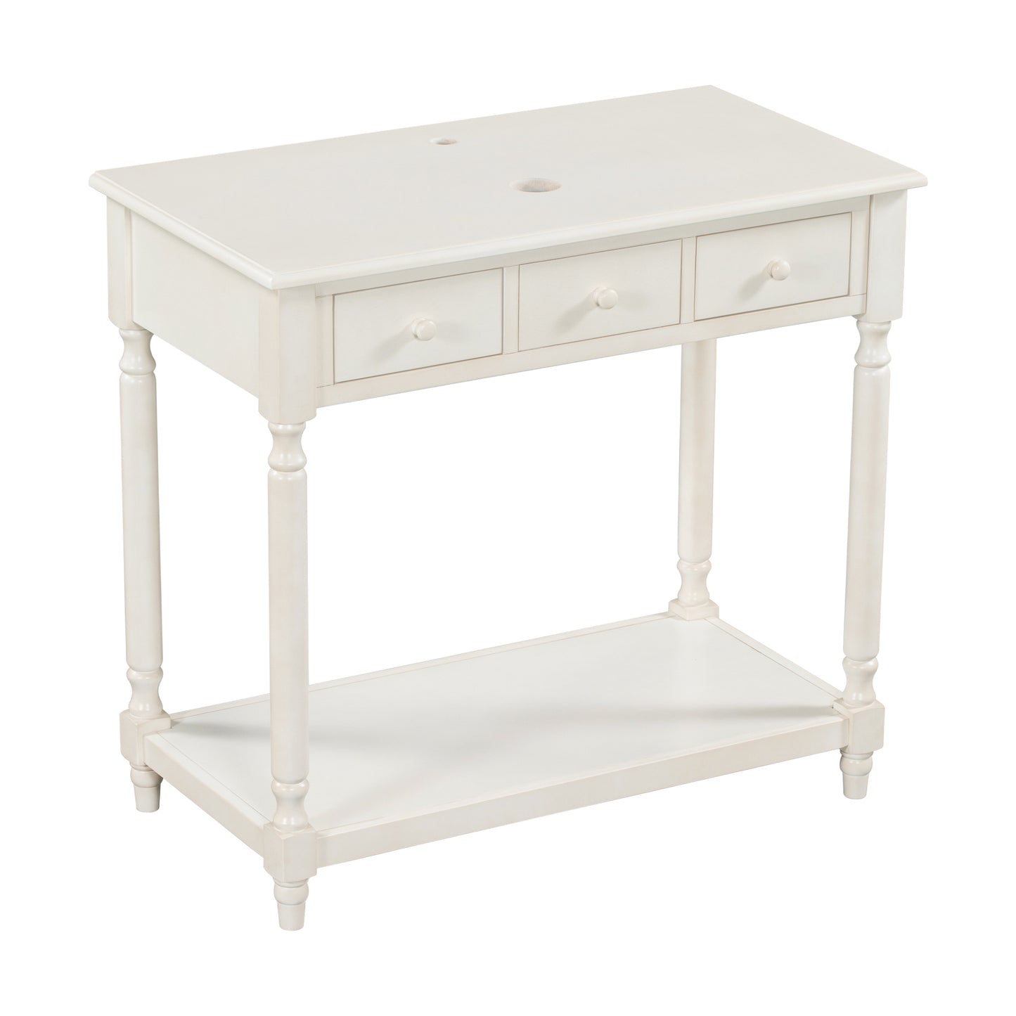 36" Bathroom Vanity Base without Sink, Open Storage Shelf, Two Drawers, Pre-Drilled Holes, Roman Style, Antique White