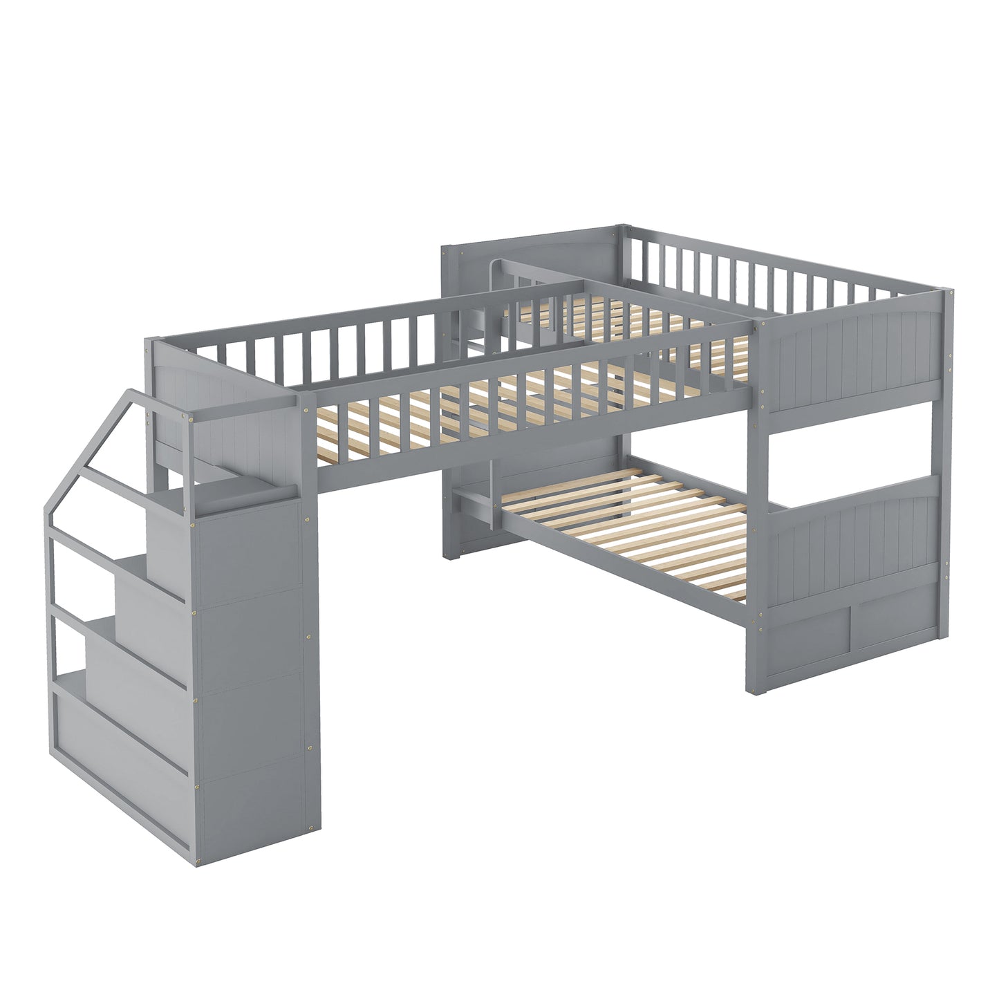 Twin over Twin Wooden L-Shaped Bunk Bed with Ladder and Stairway,Grey(OLD SKU:SM000303AAE-1)