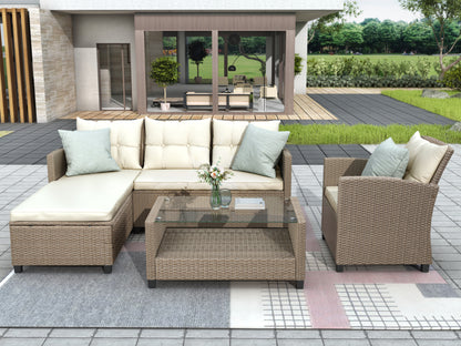 U_STYLE Outdoor, Patio Furniture Sets, 4 Piece Conversation Set Wicker Ratten Sectional Sofa with Seat Cushions(Beige Brown)