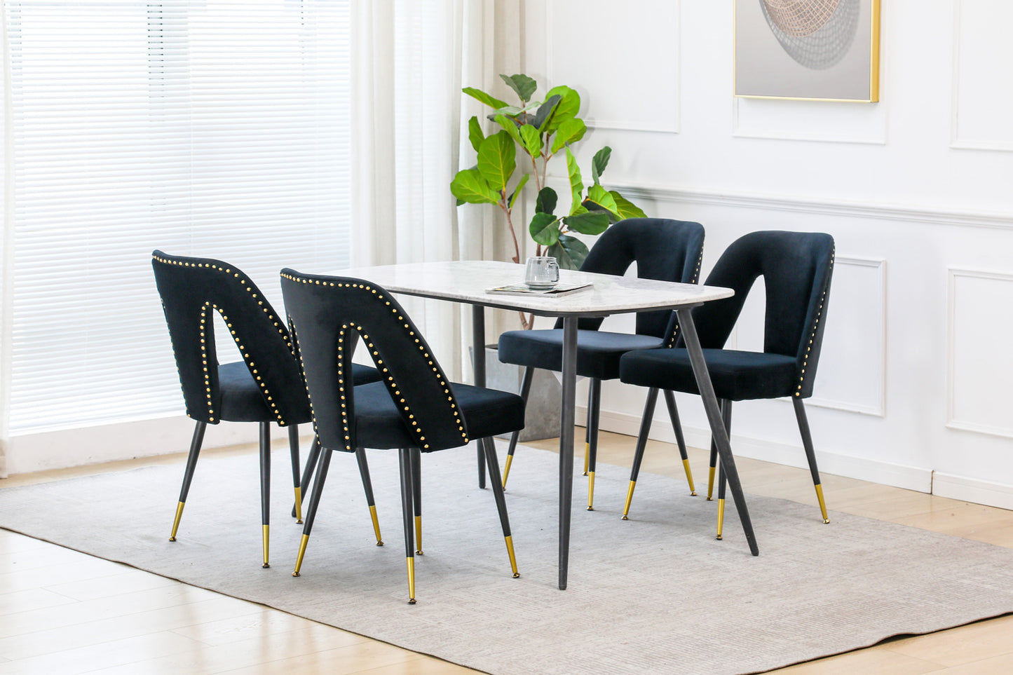 A&A Furniture,Akoya Collection Modern | Contemporary Velvet Upholstered Dining Chair with Nailheads and Gold Tipped Black Metal Legs,Black，Set of 2