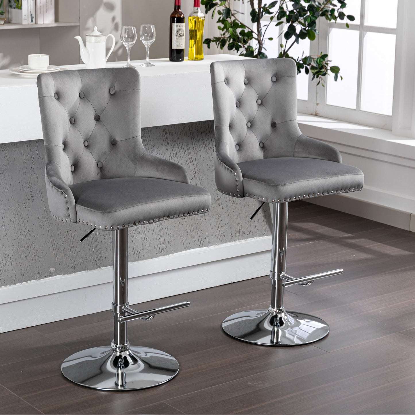 Swivel Velvet Barstools Adjusatble Seat Height , Modern Upholstered Bar Stools with Backs Comfortable Tufted for Home Pub and Kitchen Island（Gray,Set of 2）