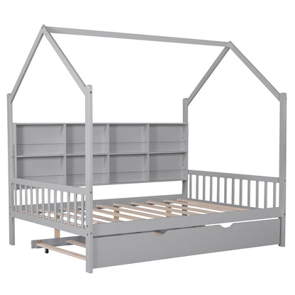 Wooden Full Size House Bed with Trundle,Kids Bed with Shelf, Gray