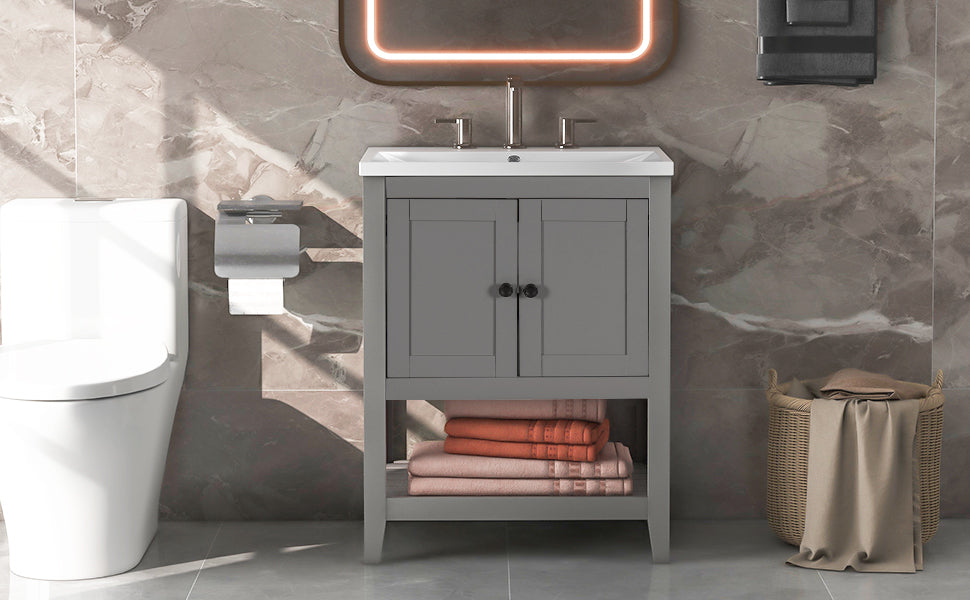 [VIDEO] 24" Grey Modern Sleek Bathroom Vanity Elegant Ceramic Sink with Solid Wood Frame Open Style Shelf (OLD SKU: JL000001AAE)