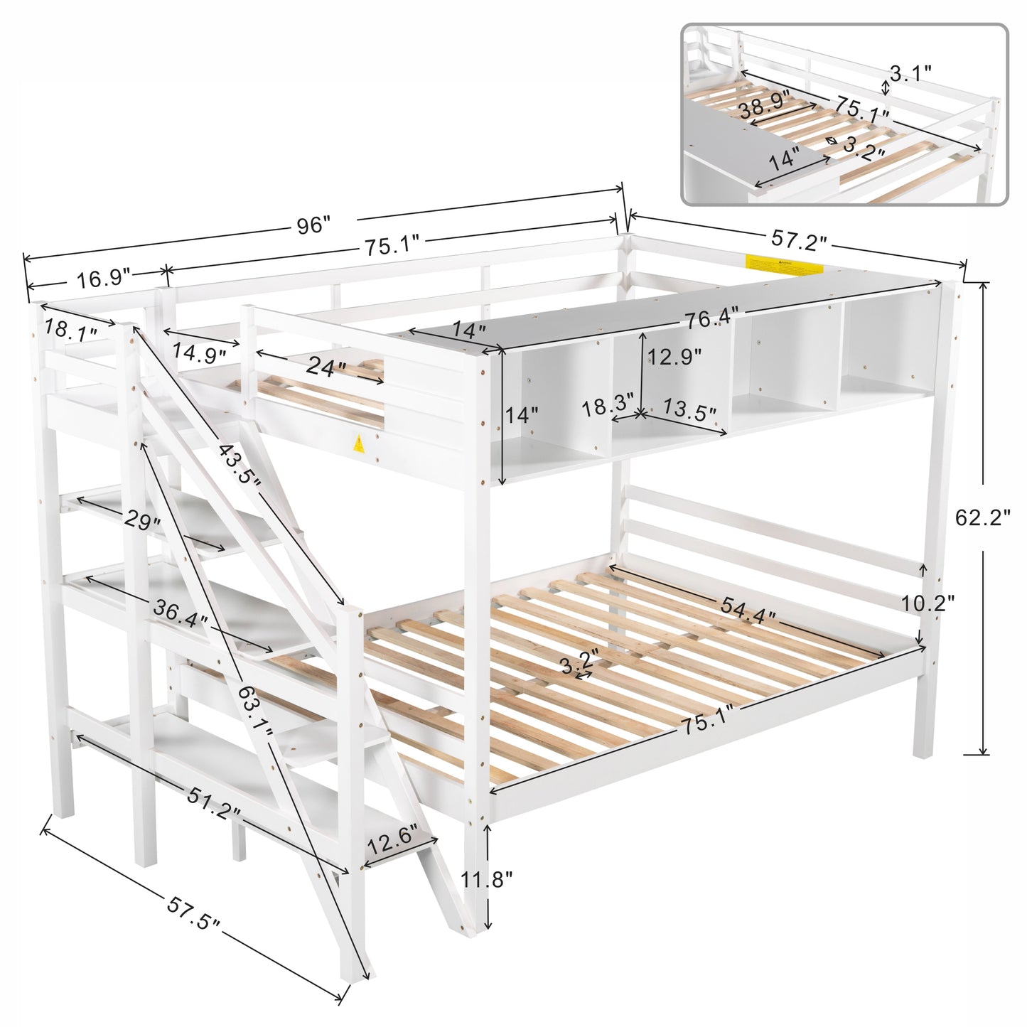 Twin over Full Bunk Bed with Staircase and Built-in Storage Cabinets,White