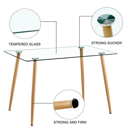 Modern Minimalist Rectangular Glass Dining Table for 4-6 with 0.31" Tempered Glass Tabletop and Wood color Coating Metal Legs, Writing Table Desk, for Kitchen Dining Living Room, 47" W x 31"D x 30" H