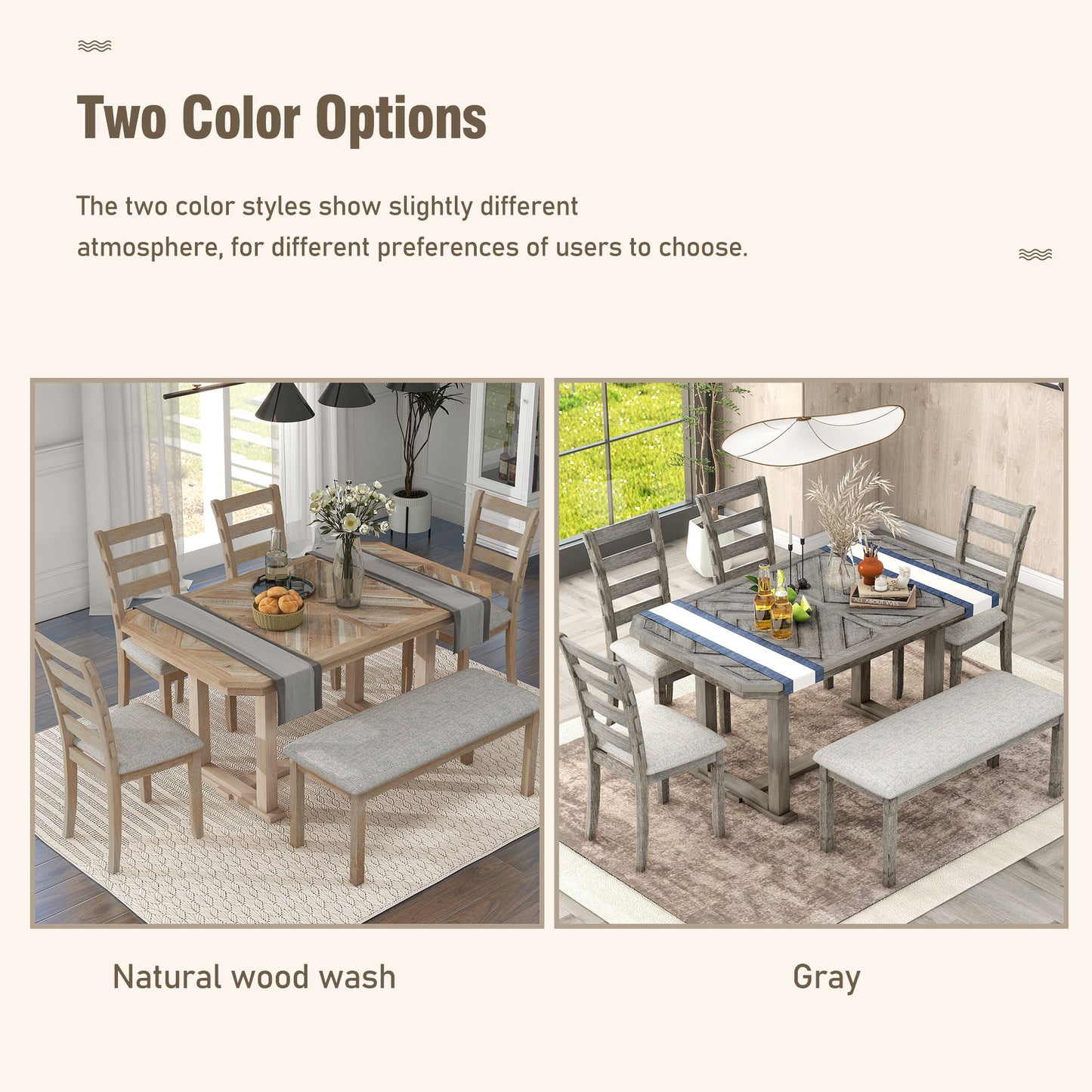 TREXM 6-Piece Rubber Wood Dining Table Set with Beautiful Wood Grain Pattern Tabletop Solid Wood Veneer and Soft Cushion (Natural Wood Wash)