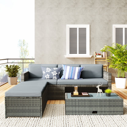 TOPMAX 4-piece Outdoor Backyard Patio Rattan Sofa Set, All-weather PE Wicker Sectional Furniture Set with Retractable Table, Gray