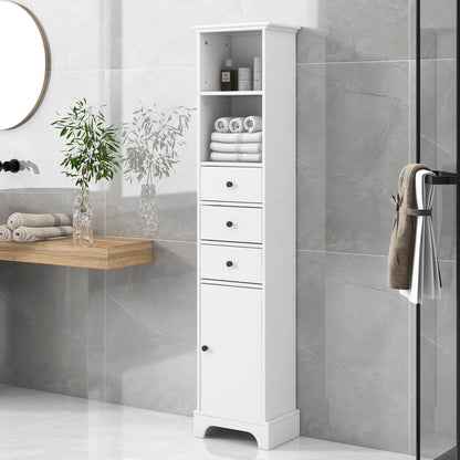 White Tall Bathroom Cabinet, Freestanding Storage Cabinet with 3 Drawers and Adjustable Shelf, MDF Board with Painted Finish