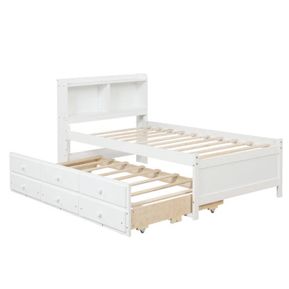 Twin Bed with Bookcase,Twin Trundle,Drawers,White