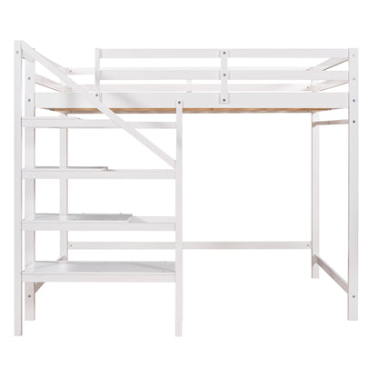 Full Size Loft Bed with Built-in Storage Staircase and Hanger for Clothes,White