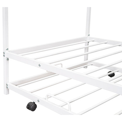 Metal House Bed With Trundle, Twin Size House Bed White