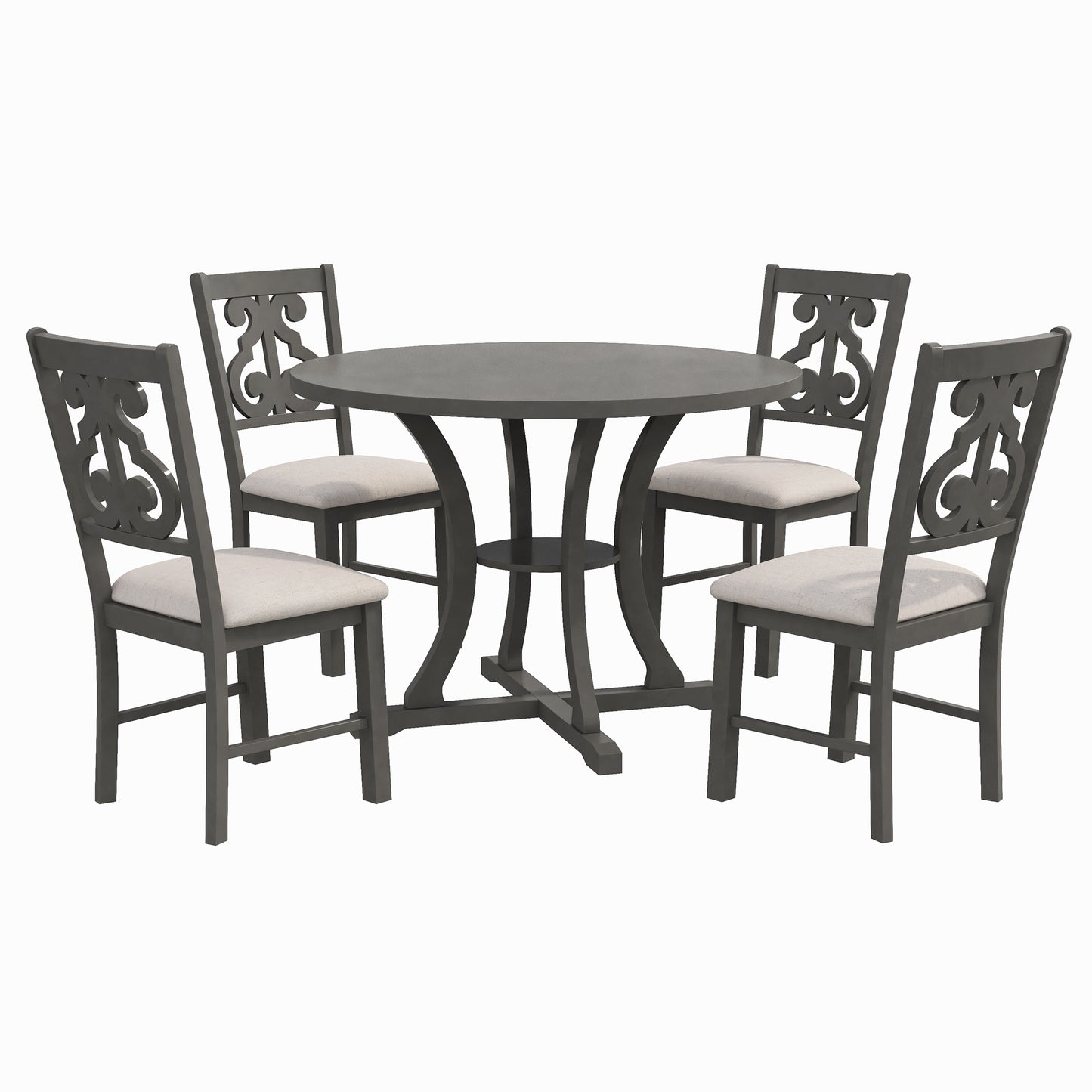 TREXM 5-Piece Round Dining Table and Chair Set with Special-shaped Legs and an Exquisitely Designed Hollow Chair Back for Dining Room (Gray)