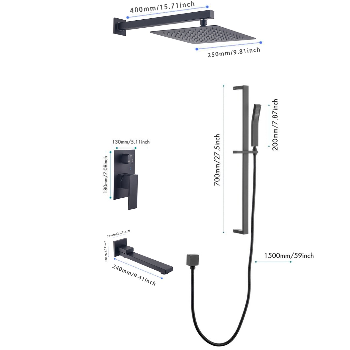 Shower System 10 Inch Square Bathroom Luxury Rain Mixer Shower Combo Set  Pressure Balanced Shower System with Shower Head, Hand Shower, Slide Bar, Shower Arm, Hose, and Valve Trim