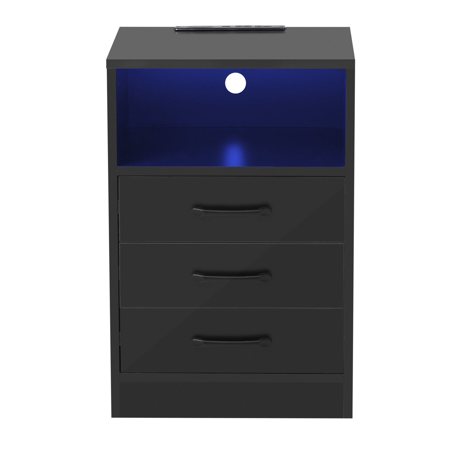 Nightstand with 3 Drawers and Cabinet,USB Charging Ports, Wireless Charging and Remote Control LED Light-Black