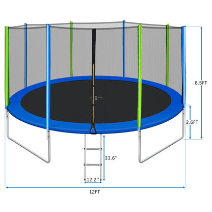 12FT Trampoline for Kids with Safety Enclosure Net, Ladder and 8 Wind Stakes, Round Outdoor Recreational Trampoline