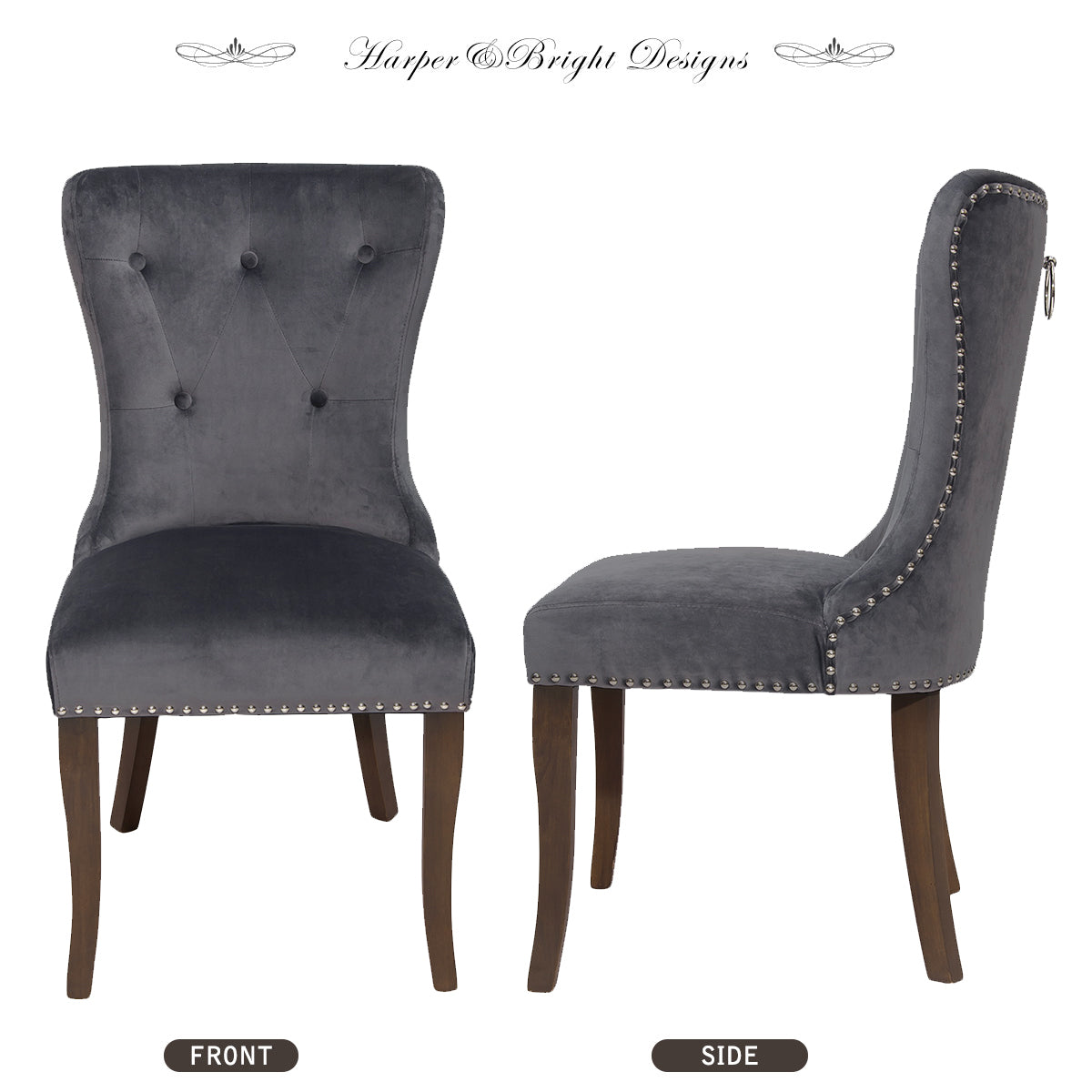 TOPMAX Victorian Dining Chair Button Tufted Armless Chair Upholstered Accent Chair,Nailhead Trim,Chair Ring Pull Set of 2 (Grey)