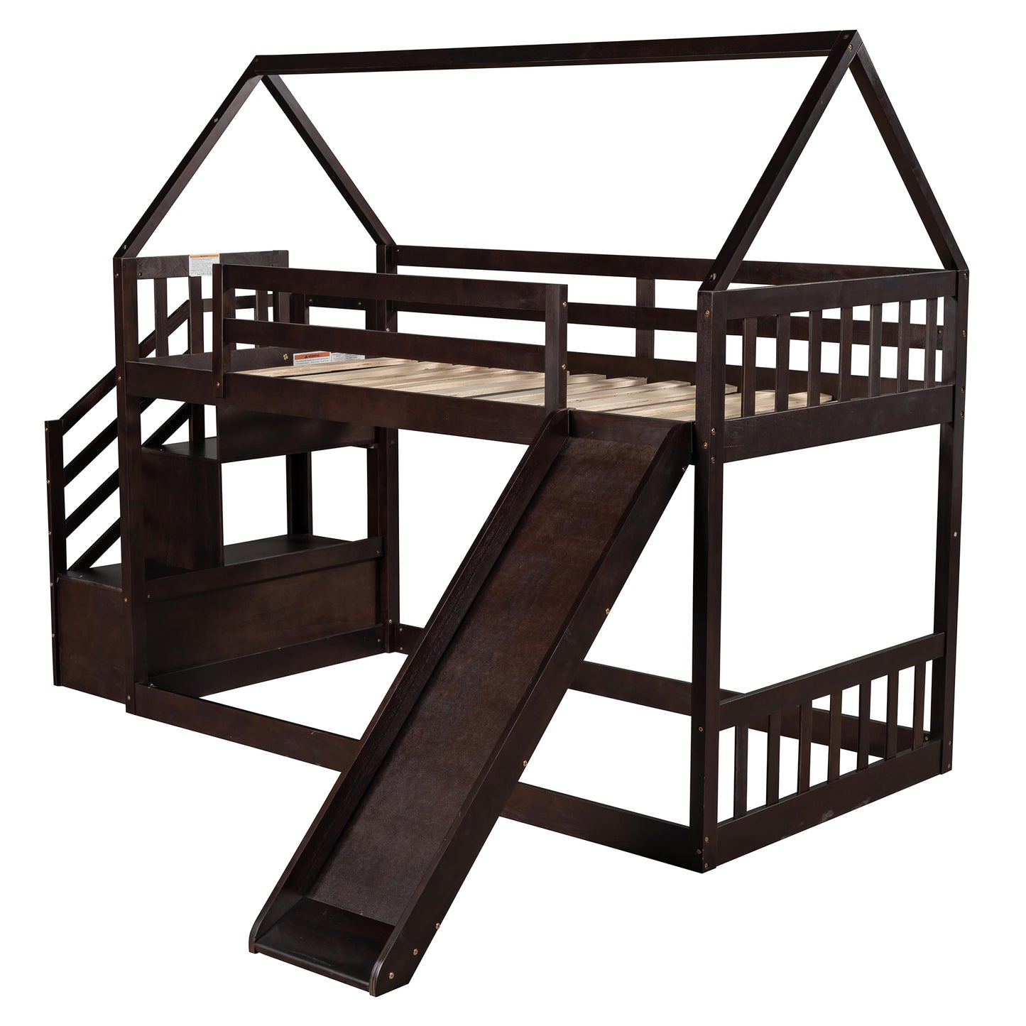 Twin over Twin House Bunk Bed with Slide and Storage Staircase,Espresso