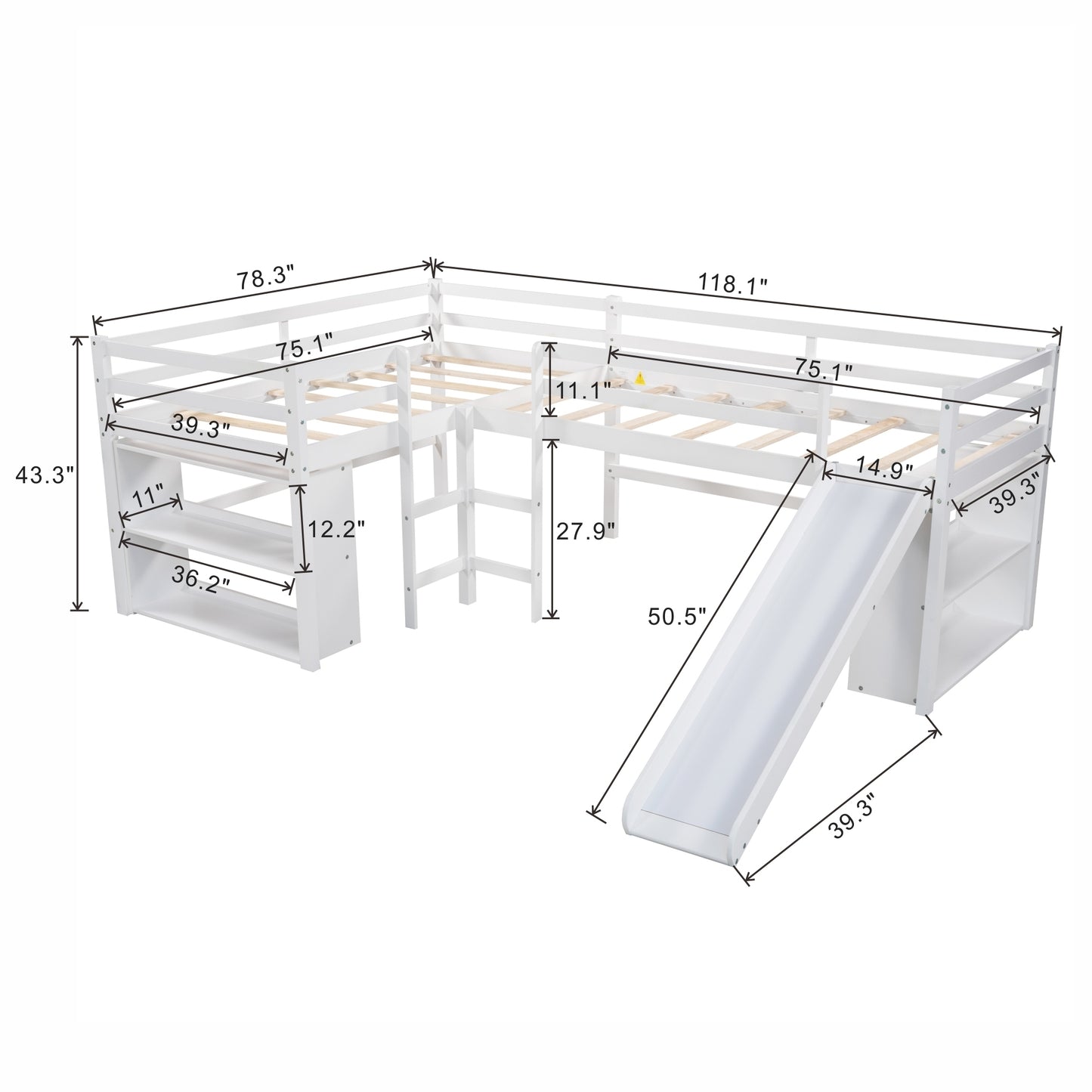 Twin Size L-Shaped Loft Bed with Movable Two-Tier Shelves and Slide,White