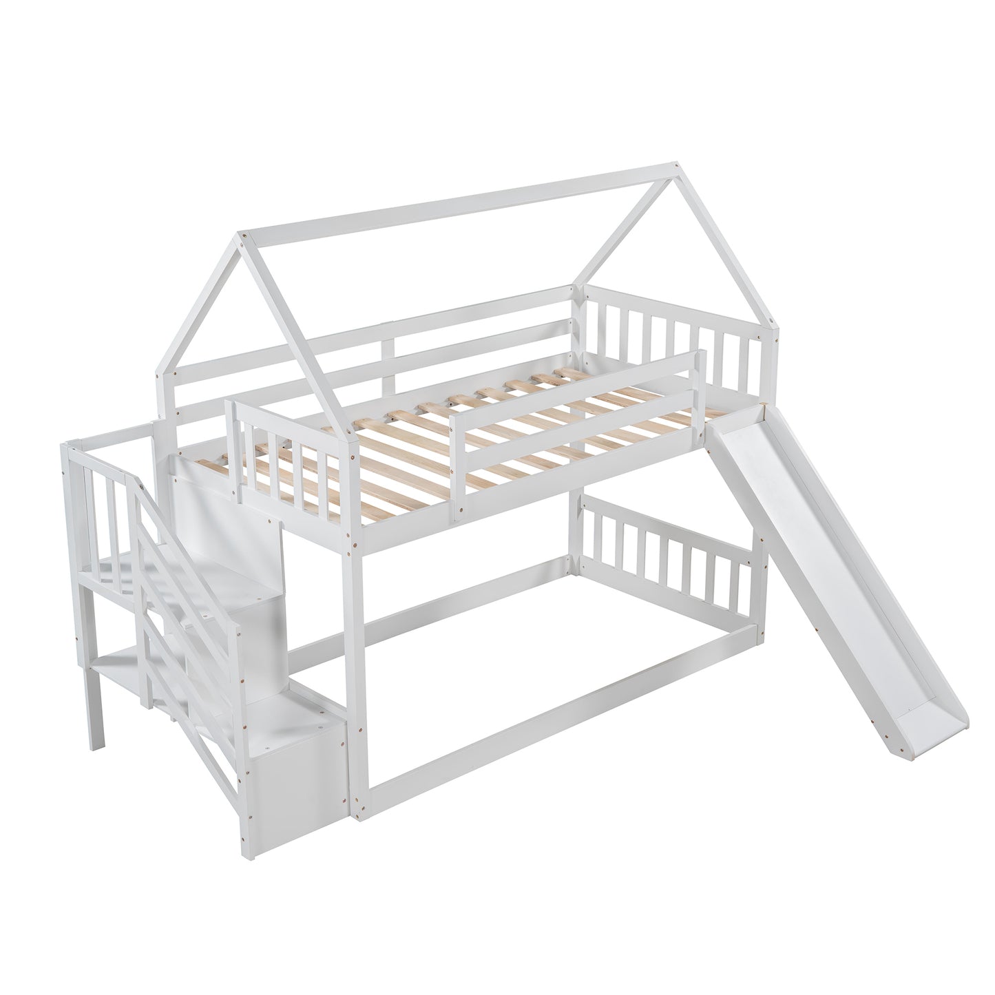 Twin over Twin House Bunk Bed with Slide and Storage Staircase,White