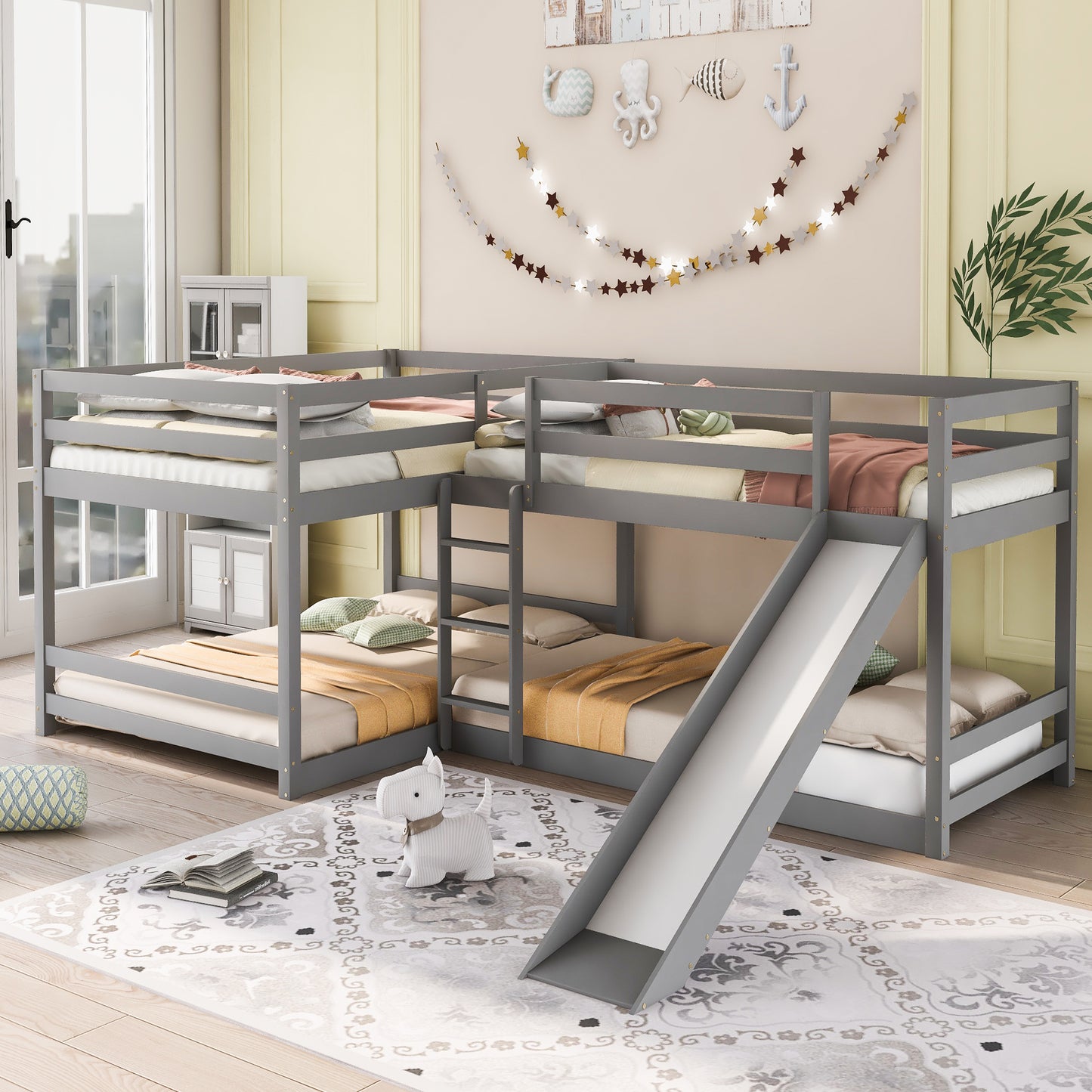 Full and Twin Size L-Shaped Bunk Bed with Slide and Short Ladder,Gray