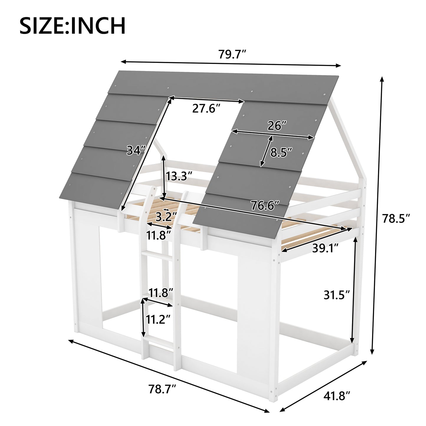 House Bunk Bed with Roof and Built-in Ladder,White(OLD SKU:GX000517AAK)